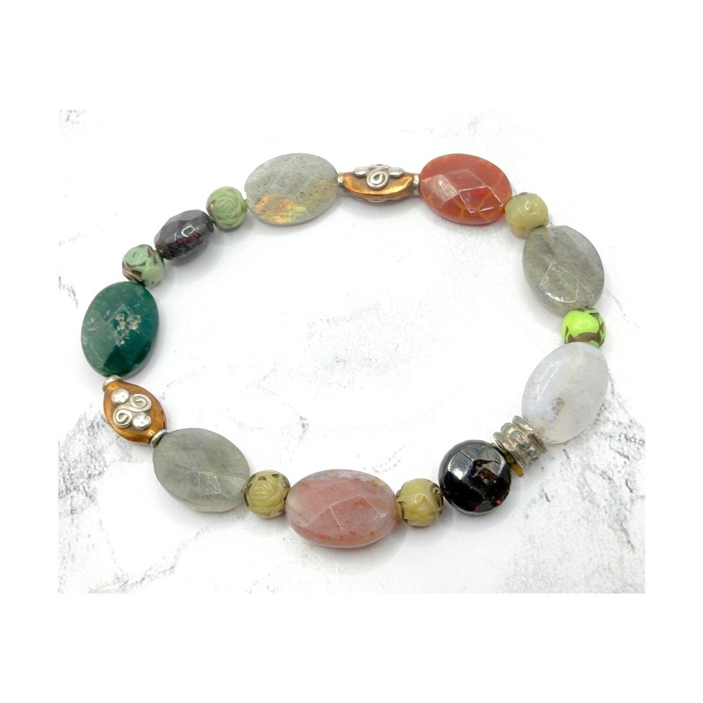 Boho Mixed Natural Stone Bead Bracelet Carved Beads Stretch 7" Artisan Style
